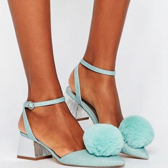 ASOS PomPom Heels Shoes 6 Blue Glitter - Picture 1 of 7